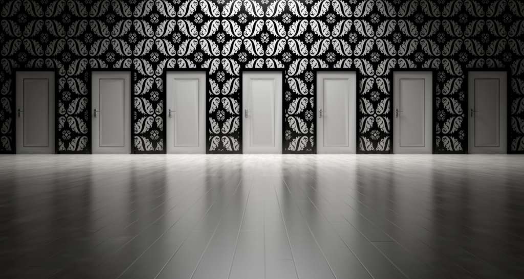 a visual representation of a buyer being presented with too many doors, each representing a different style option